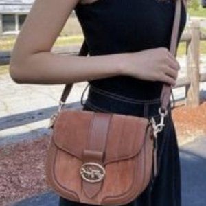 Trending Suede/ Leather Coach  quilted crossbody bag , honey/ toffee/ tan color